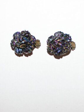 Vintage West Germany Iridescent Carnival Glass Clip-On Earrings Mid Century '50s